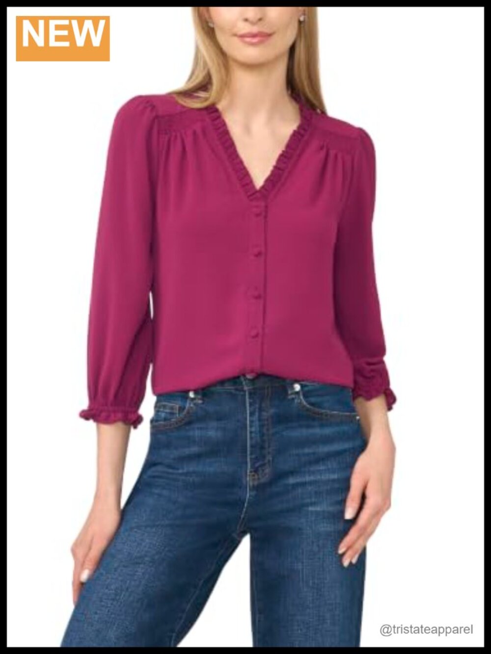 Ruffled V-Neck 3/4 Sleeve Blouse, 98% Polyester 2% Spandex, Smocked Shoulder